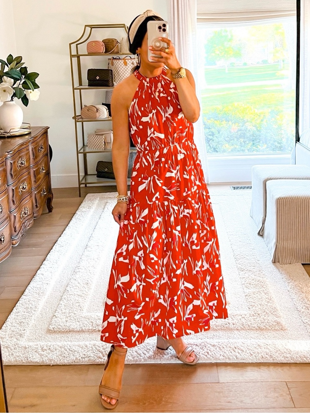 Scoop Sleeveless Red Floral Halter Midi Dress